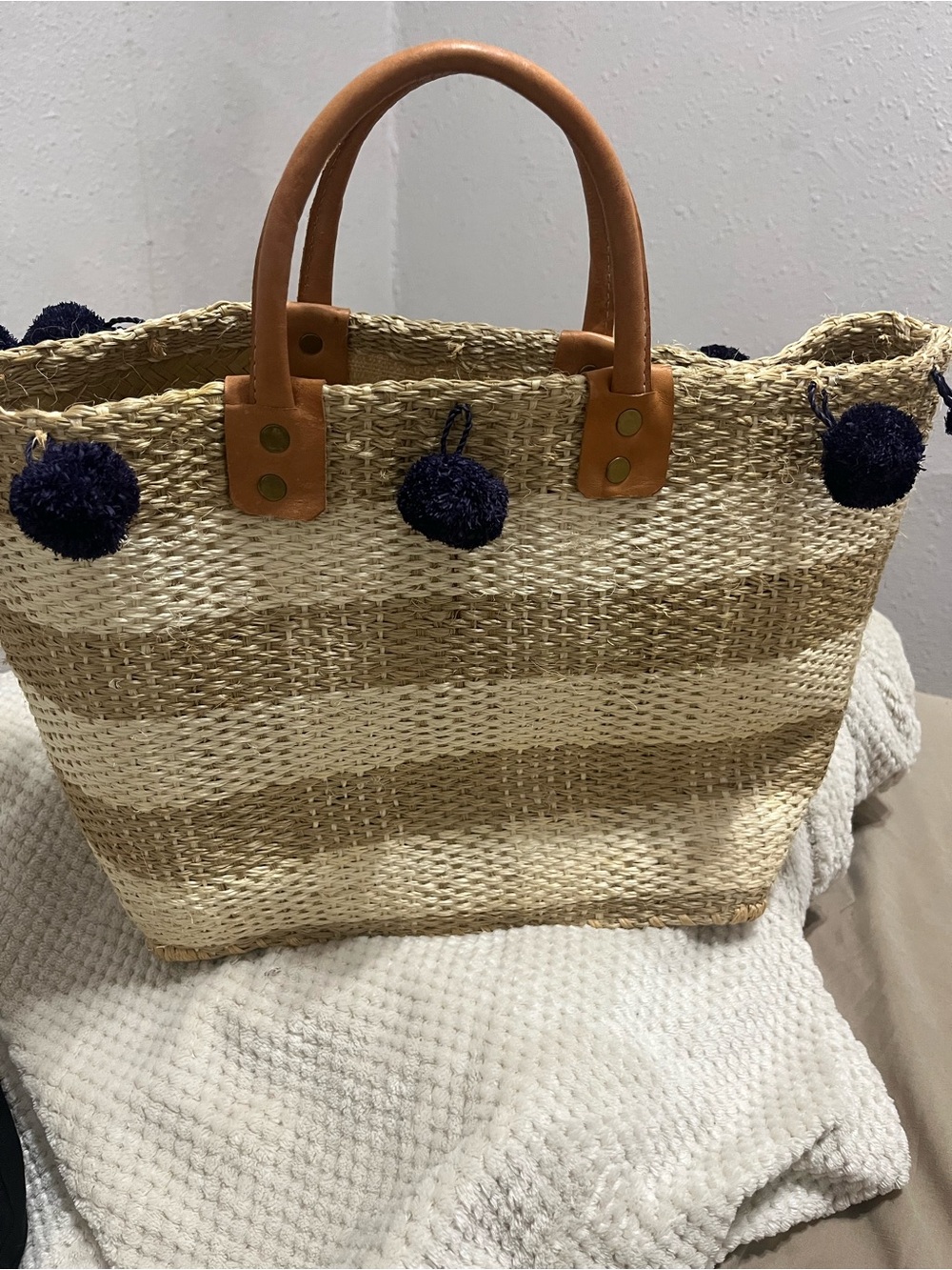 Woven Stripe Tote with Navy Pom-Pom Accents